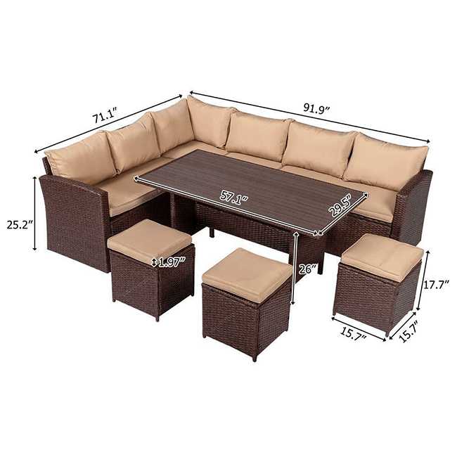 Outdoor Patio Rattan Dining Furniture Set W/ Cushions, Sofa, Ottoman & Table, 8PCS - SAKSBY.com - Measurement View