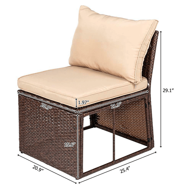Outdoor Patio Rattan Dining Furniture Set W/ Cushions, Sofa, Ottoman & Table, 8PCS - SAKSBY.com - Measurement View