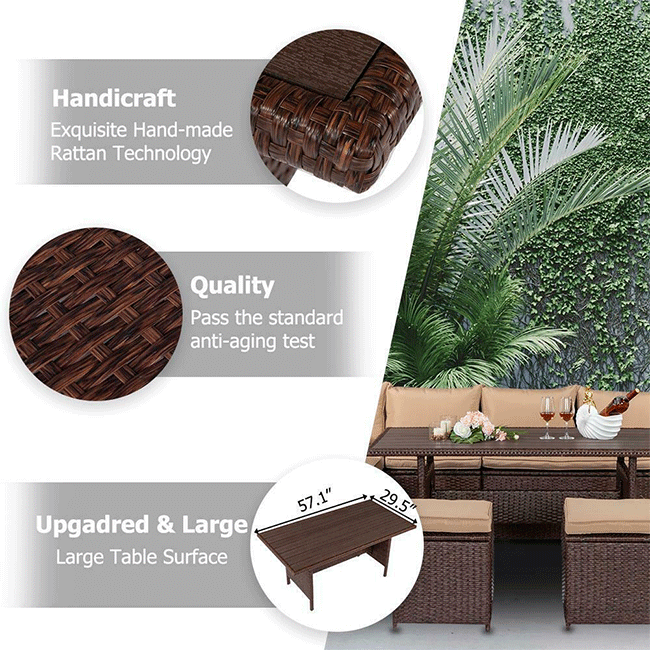 Outdoor Patio Rattan Dining Furniture Set W/ Cushions, Sofa, Ottoman & Table, 8PCS - SAKSBY.com -Zoom Parts View