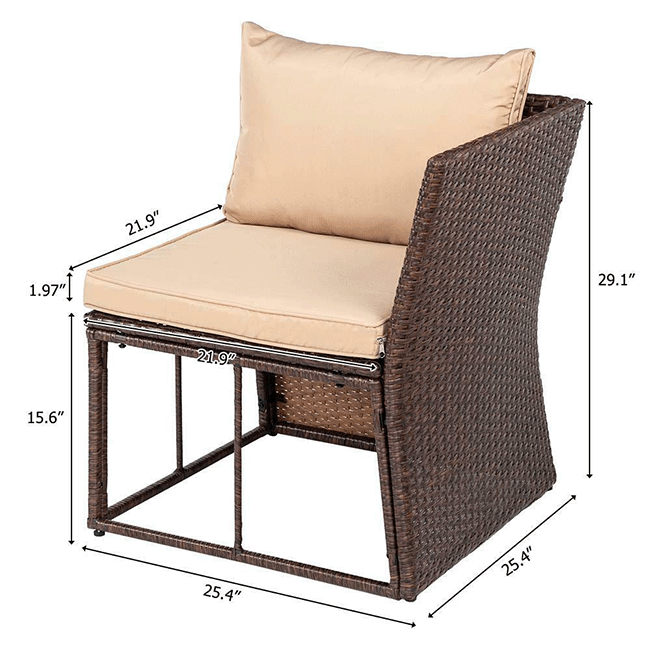 Outdoor Patio Rattan Dining Furniture Set W/ Cushions, Sofa, Ottoman & Table, 8PCS - SAKSBY.com - Measurement View