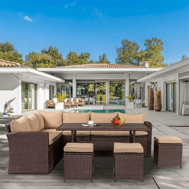 Outdoor Patio Rattan Dining Furniture Set W/ Cushions, Sofa, Ottoman & Table, 8PCS - SAKSBY.com -Demonstration View