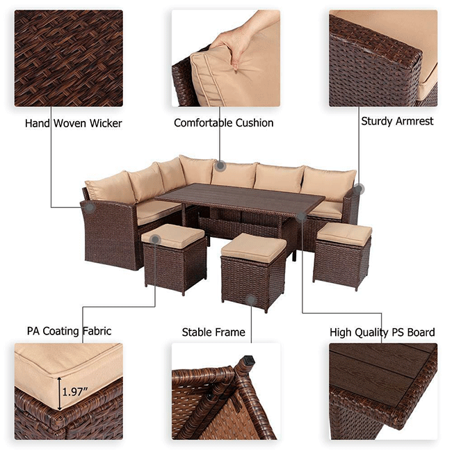 Outdoor Patio Rattan Dining Furniture Set W/ Cushions, Sofa, Ottoman & Table, 8PCS - SAKSBY.com - Zoom Parts View