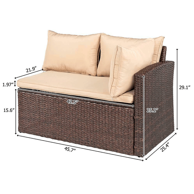 Outdoor Patio Rattan Dining Furniture Set W/ Cushions, Sofa, Ottoman & Table, 8PCS - SAKSBY.com - Measurement View