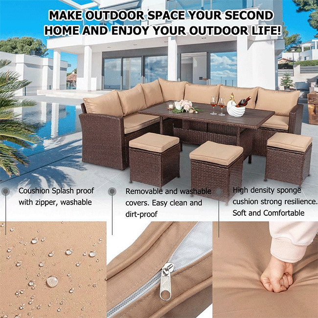 Outdoor Patio Rattan Dining Furniture Set W/ Cushions, Sofa, Ottoman & Table, 8PCS - SAKSBY.com -Zoom Parts View