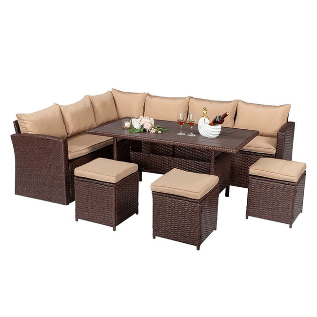Outdoor Patio Rattan Dining Furniture Set W/ Cushions, Sofa, Ottoman & Table, 8PCS - SAKSBY.com -Full View