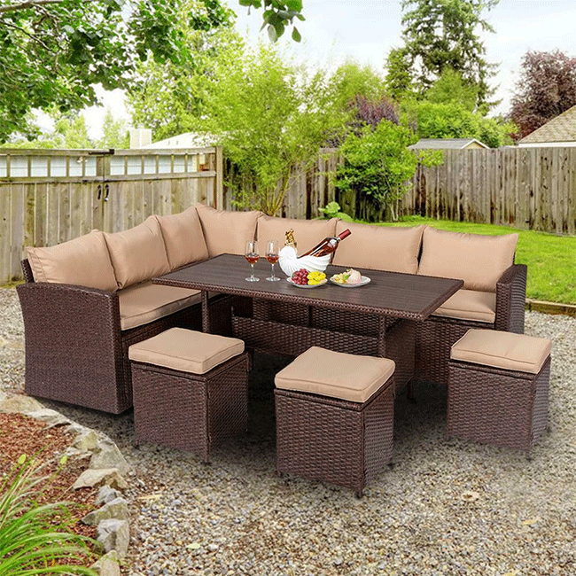 Outdoor Patio Rattan Dining Furniture Set W/ Cushions, Sofa, Ottoman & Table, 8PCS - SAKSBY.com - Demonstration View