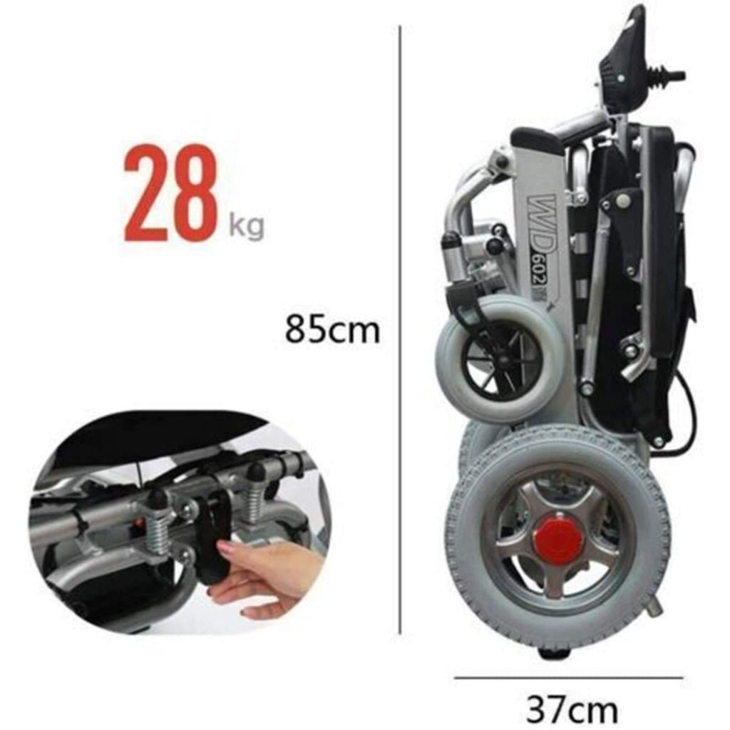 PCMOS WD602 17.5-Inch Heavy-Duty Electric Motorized Lightweight Wheelchair, 250LBS (SAK56491) - Saksby Wholesale - Dimensions in Folded