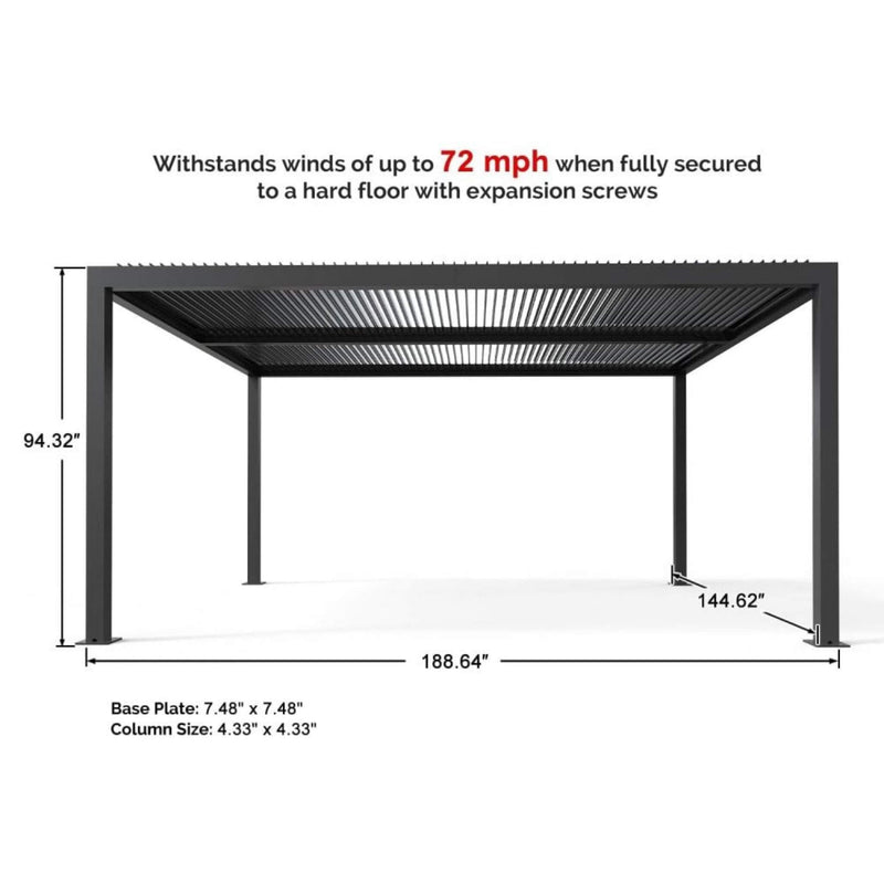 [12x16FT] PLF Premium Outdoor Gray Aluminum Hardtop Pergola Gazebo With Adjustable Roof (SAK81364) - Saskby Wholesale - Dimension View