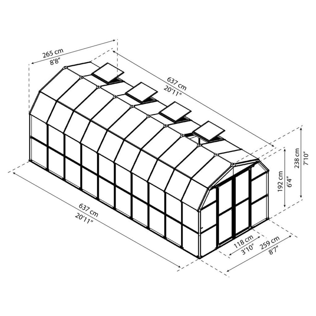 [08x20FT] PLM Extra Large Barn-Style Weatherproof Walk-In Greenhouse With Roof Vents (SAK85716) - Saskby Wholesale - Dimension View