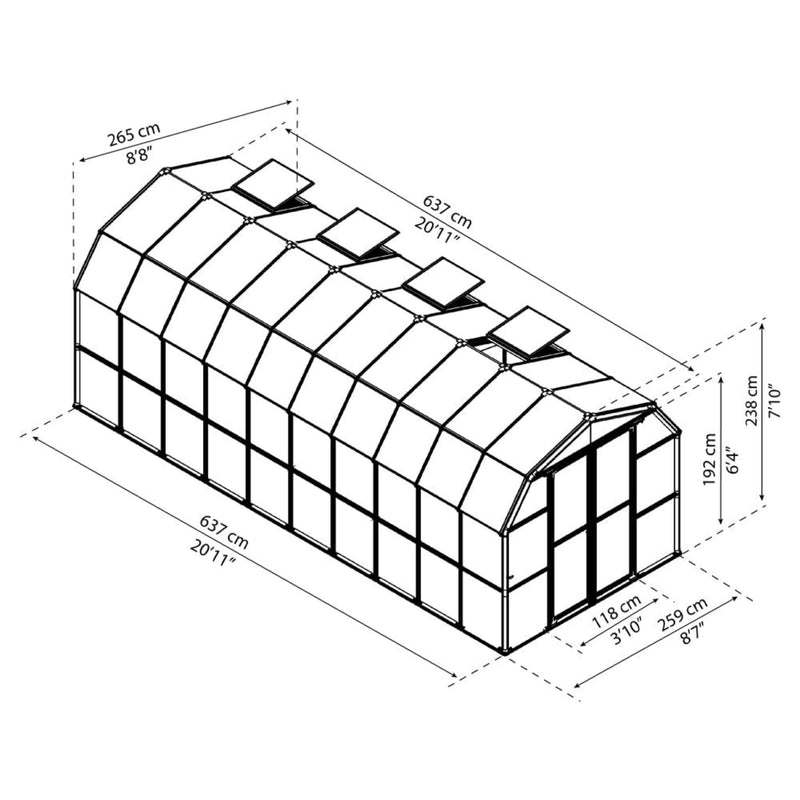 [08x20FT] PLM Extra Large Barn-Style Weatherproof Walk-In Greenhouse With Roof Vents (SAK85716) - Saskby Wholesale - Dimension View