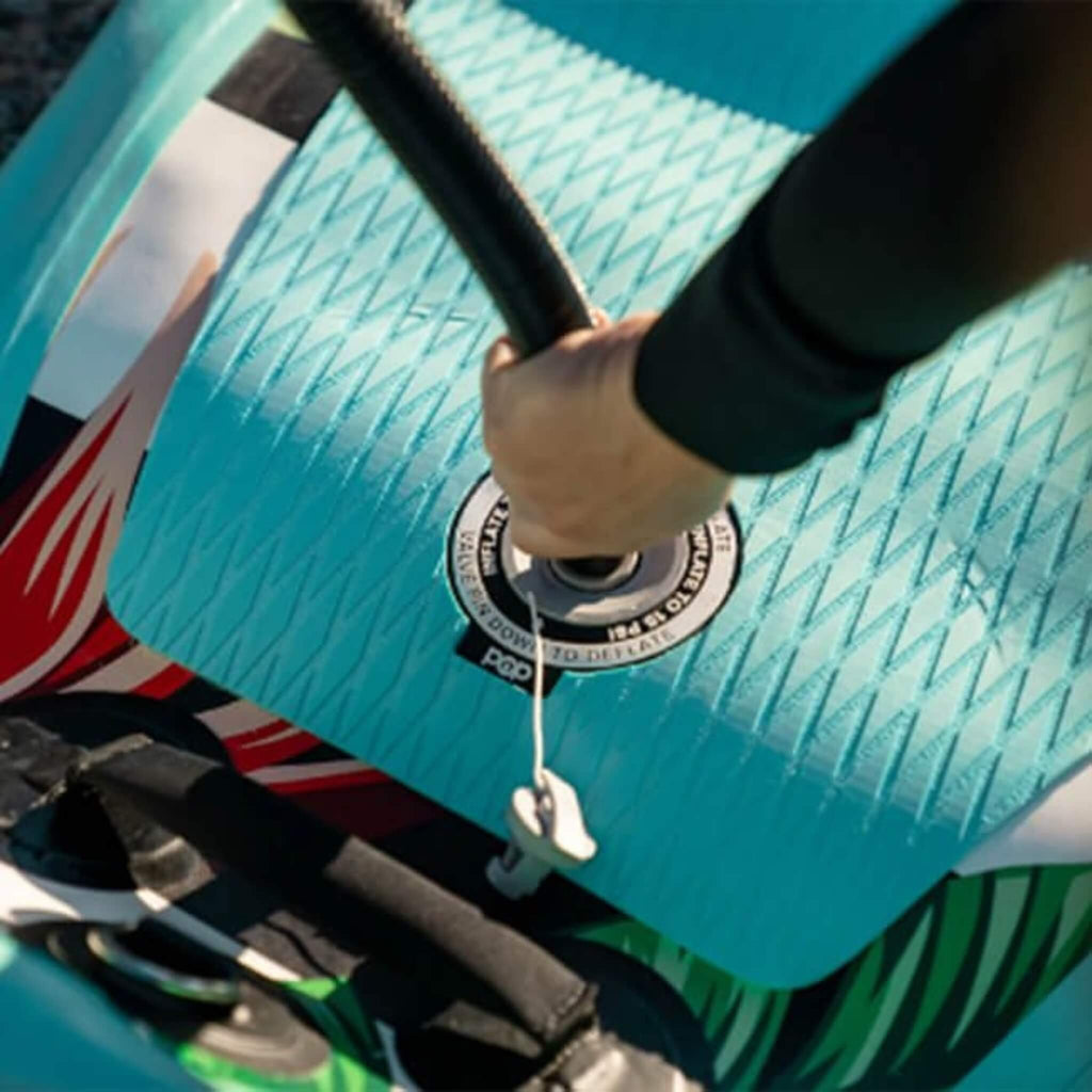Pop Board Co. Inflatable Board 10'6 Royal Hawaiian Pink/Black (SAK36410) - Saksby Wholesale - Lifestyle Image In Valve