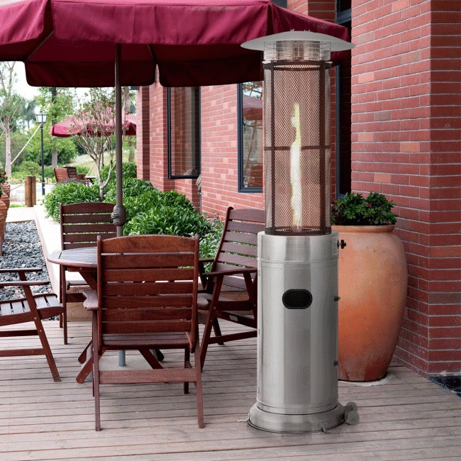 Portable Cylindrical Freestanding Outdoor Round Glass Tube Propane Patio Heater, 41K BTU - SAKSBY.com - In Use View