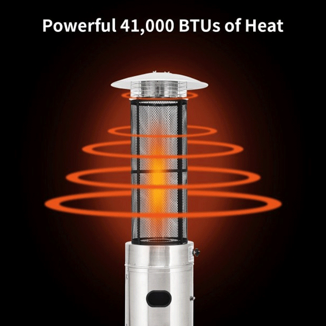 Portable Cylindrical Freestanding Outdoor Round Glass Tube Propane Patio Heater, 41K BTU - SAKSBY.com -Zoom Parts View