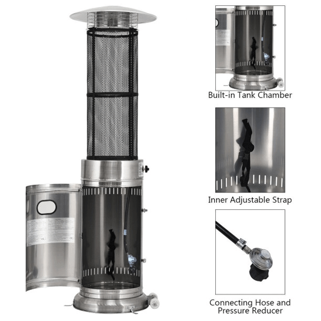 Portable Cylindrical Freestanding Outdoor Round Glass Tube Propane Patio Heater, 41K BTU - SAKSBY.com - Zoom Parts View