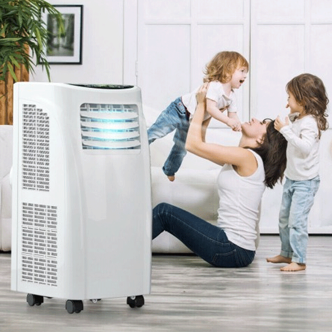 Portable Electric Stand Up AC Unit W/ Sleep Mode & Dehumidifier, 8000 BTU - SAKSBY.com - Portable Demonstration View