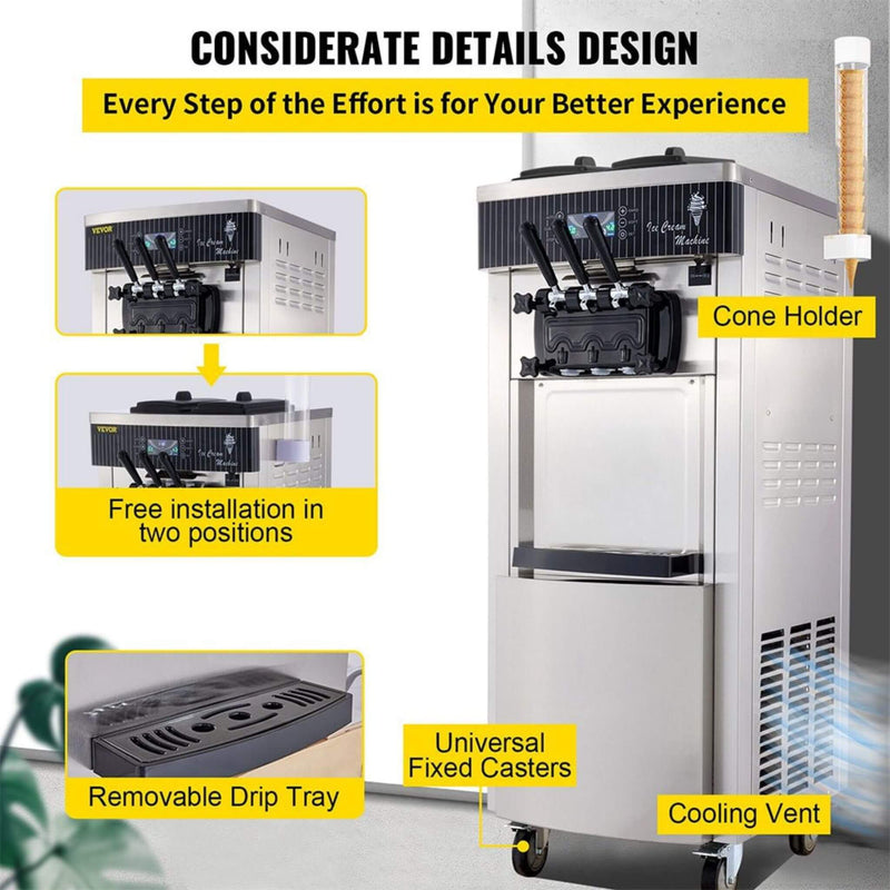 Premium 3 Flavors Commercial Soft Serve Yogurt Ice Cream Machine Maker, 20-28L/H (SAK97524) - Saksby Wholesale - Design Details