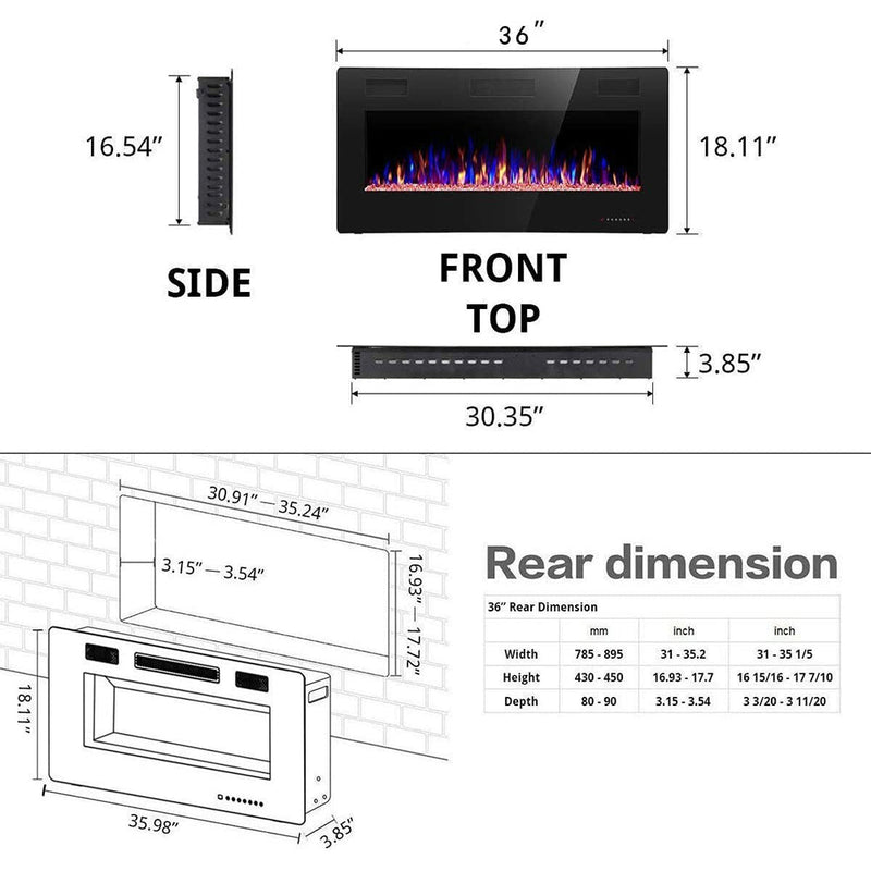 Premium 36'' Ultra Thin Wall Mounted LED Electric Recessed Fireplace Heater, 1500W (98152016) - Specifications View
