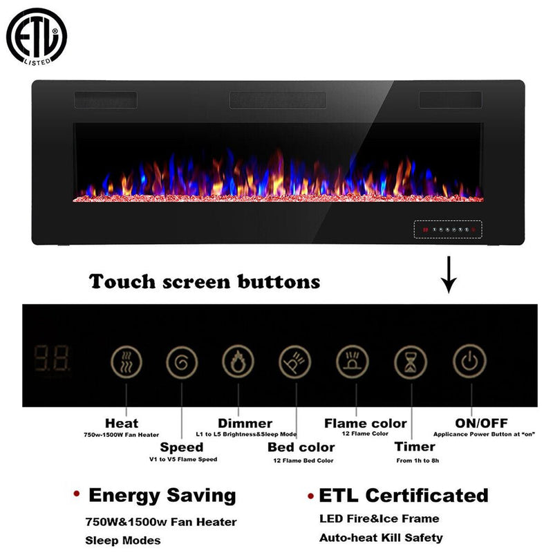 Premium 42'' Ultra Thin Wall Mounted LED Electric Recessed Fireplace Heater, 1500W (94825469) - Specifications View