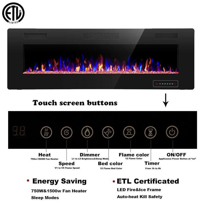 Premium 50'' Ultra Thin Wall Mounted LED Electric Recessed Fireplace Heater, 1500W (94621760) - Measurement View