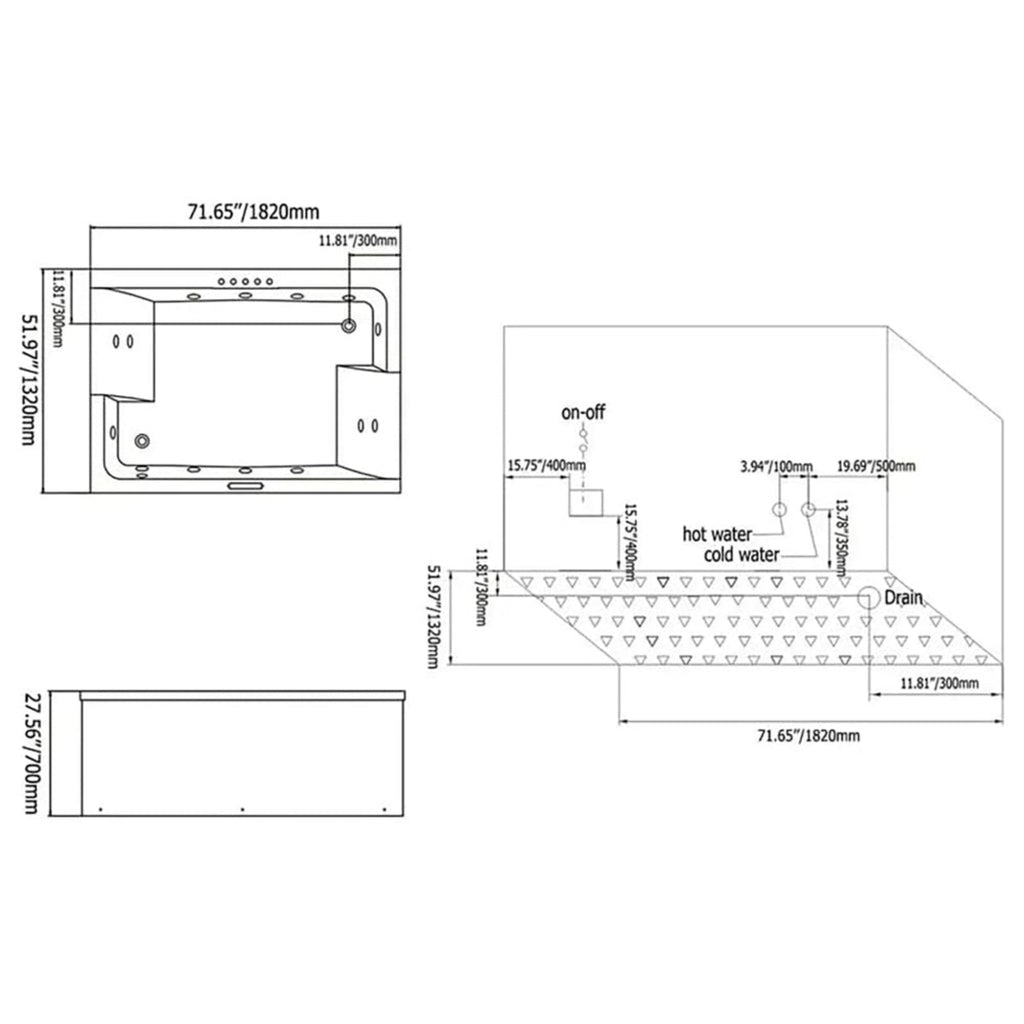 Premium 71-Inch Modern Acrylic Soaking Bathtub With Bubble Jets And LED Lighting (SAK96231) - Saksby Wholesale - Sizing