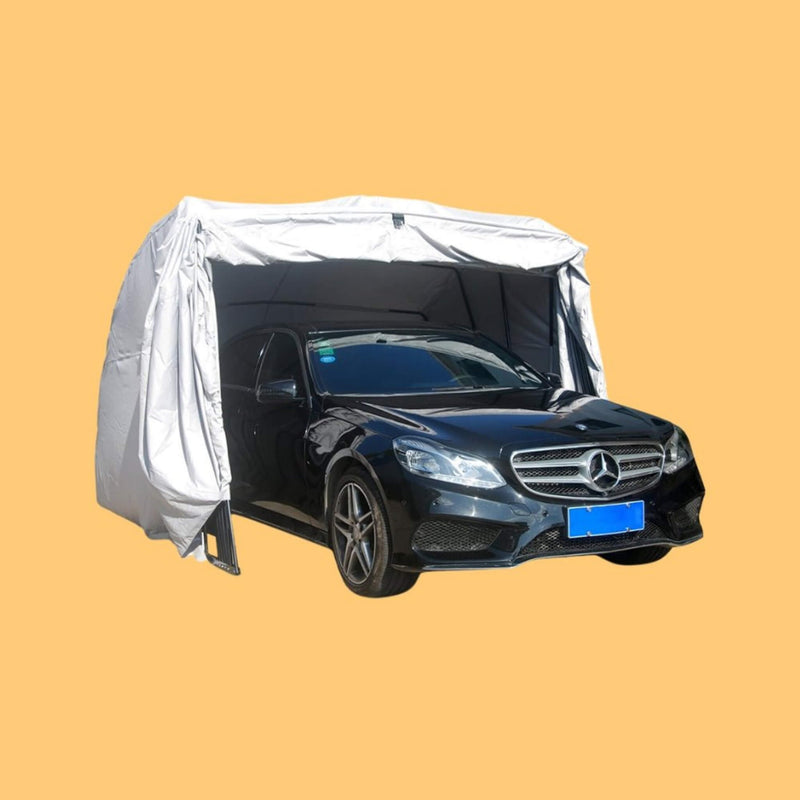 [09x20FT] Premium All-Weather Retractable Steel Frame Carport Canopy For Cars & SUVs (SAK41385) SAKSBY - Front Right View With Background