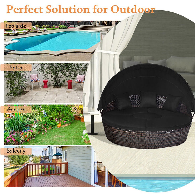 Premium Black Outdoor Patio Rattan Daybed Sofa W/ Adjustable Table Top, Canopy & 3 Pillows, 76''Zoom Parts View
