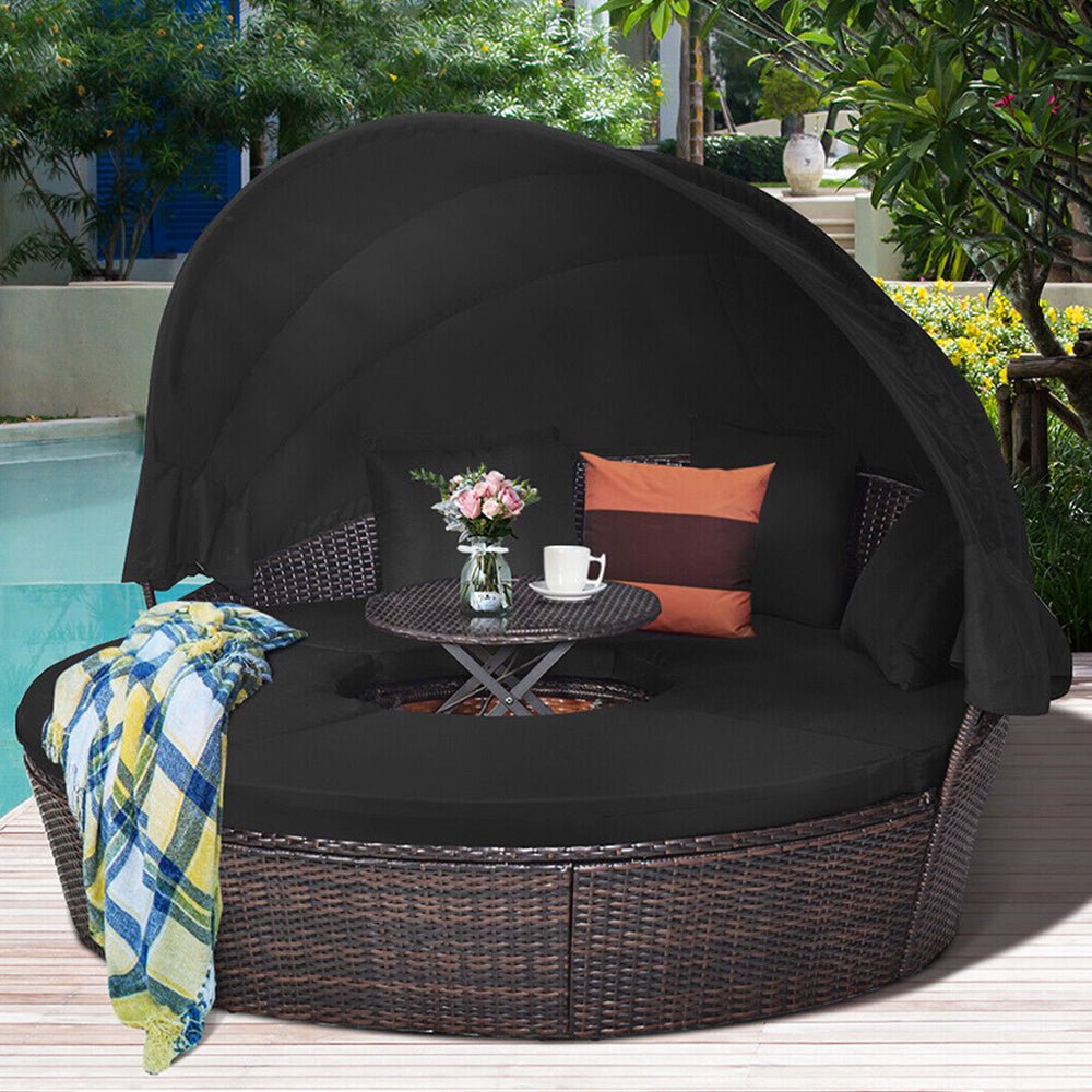 Premium Black Outdoor Patio Rattan Daybed Sofa W/ Adjustable Table Top, Canopy & 3 Pillows, 76'' (92534186) - Full View