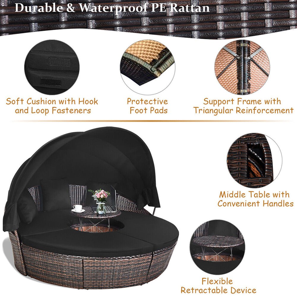Premium Black Outdoor Patio Rattan Daybed Sofa W/ Adjustable Table Top, Canopy & 3 Pillows, 76'' (92534186) - Comparison View