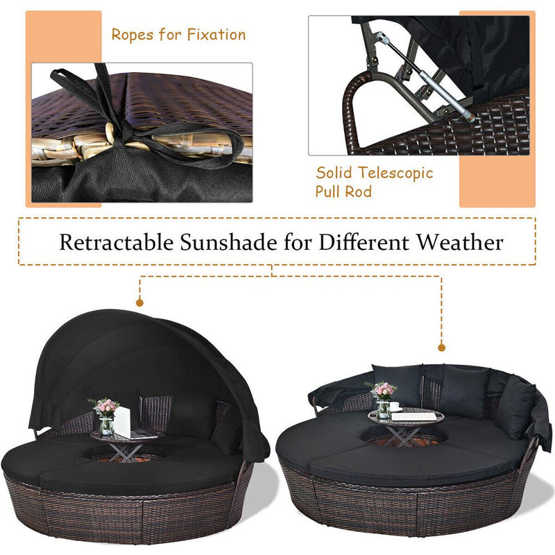 Premium Black Outdoor Patio Rattan Daybed Sofa W/ Adjustable Table Top, Canopy & 3 Pillows, 76'' (92534186) - Comparison View