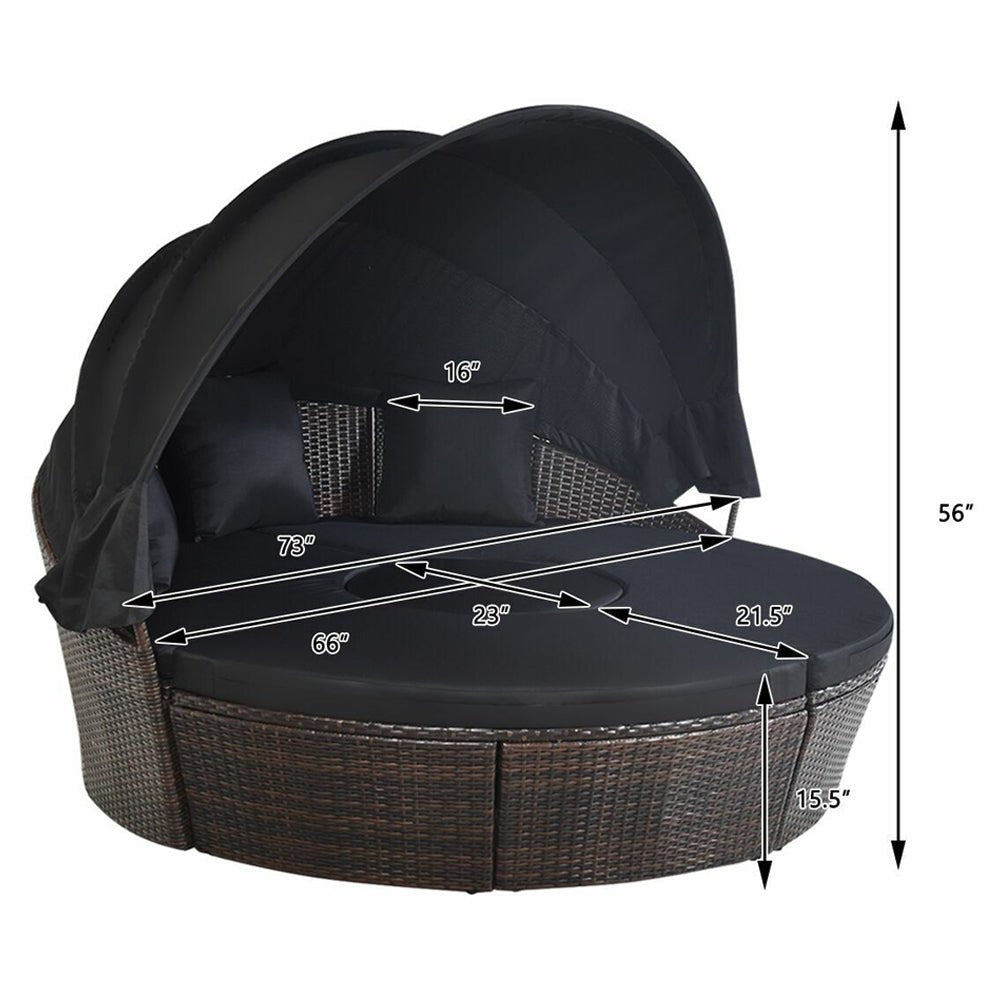 Premium Black Outdoor Patio Rattan Daybed Sofa W/ Adjustable Table Top, Canopy & 3 Pillows, 76'' Measurement View