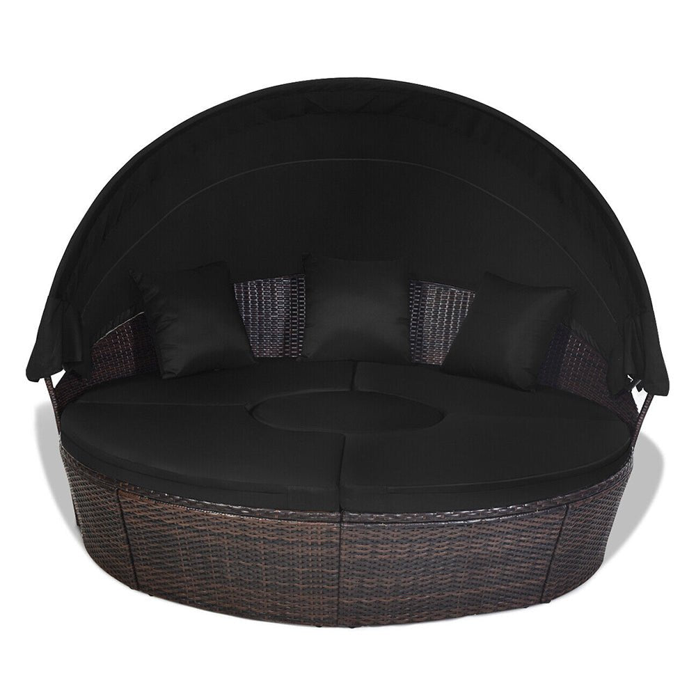 Premium Black Outdoor Patio Rattan Daybed Sofa W/ Adjustable Table Top, Canopy & 3 Pillows, 76'' (92534186) - Front View