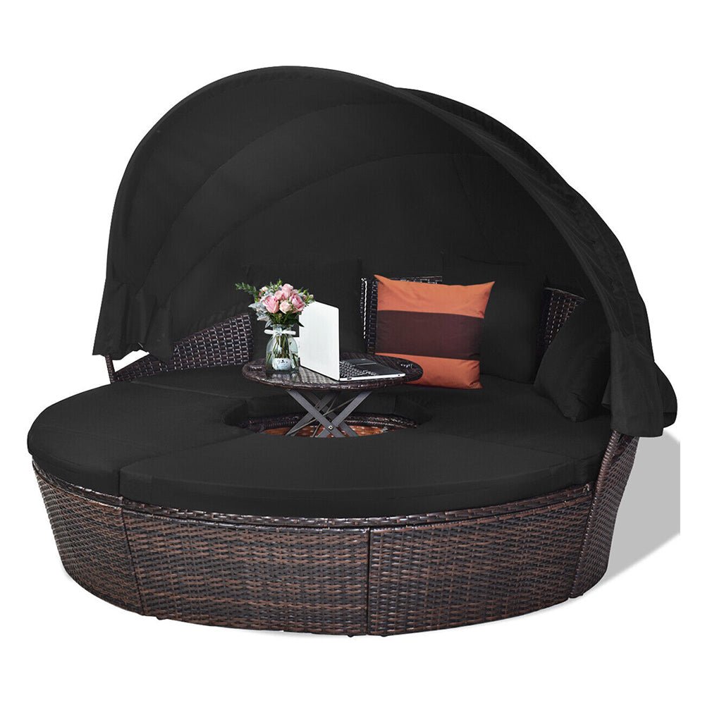 Premium Black Outdoor Patio Rattan Daybed Sofa W/ Adjustable Table Top, Canopy & 3 Pillows, 76'' (92534186) - Side View