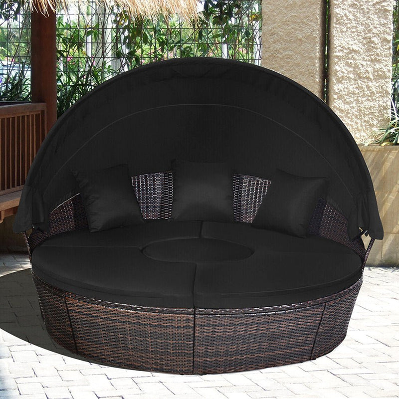 Premium Black Outdoor Patio Rattan Daybed Sofa W/ Adjustable Table Top, Canopy & 3 Pillows, 76'' (92534186) - SAKSBY.com - Patio Furniture - SAKSBY.com