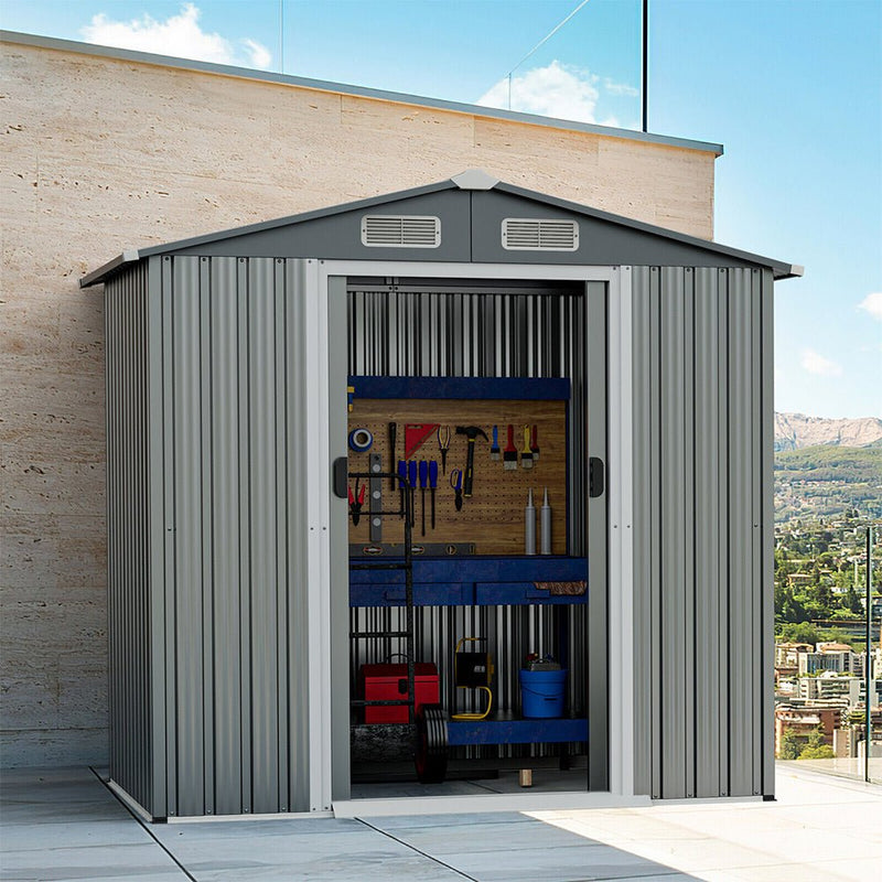 Premium Garden Galvanized Steel Storage Shed W/ Lockable Sliding Doors, 6x4' (93175842) - SAKSBY.com Front View