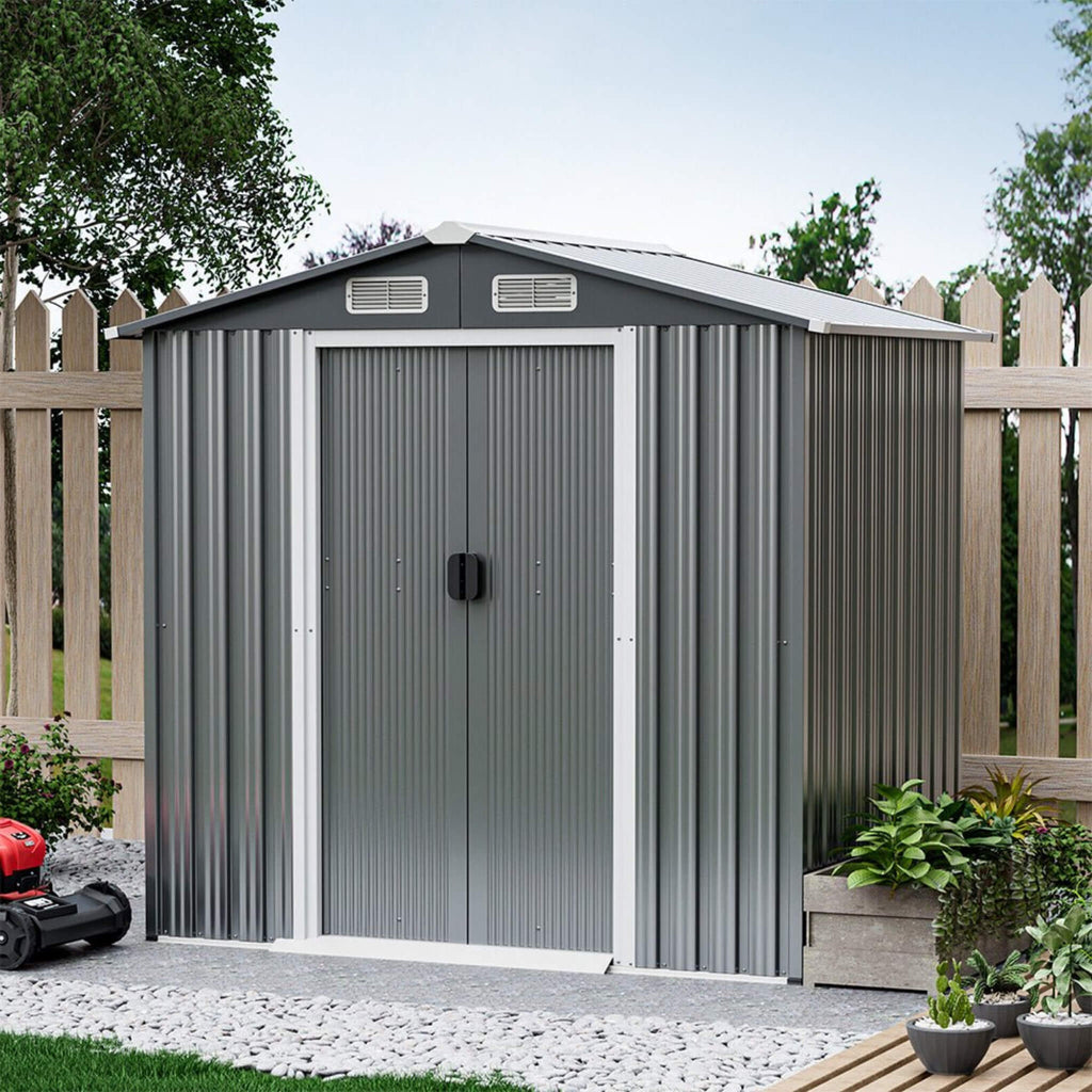 Premium Garden Galvanized Steel Storage Shed W/ Lockable Sliding Doors, 6x4' (SAK75842) - Saksby Wholesale - Front Left View