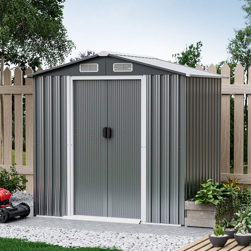 Premium Garden Galvanized Steel Storage Shed W/ Lockable Sliding Doors, 6x4' (SAK75842) - Saksby Wholesale - Front Left View