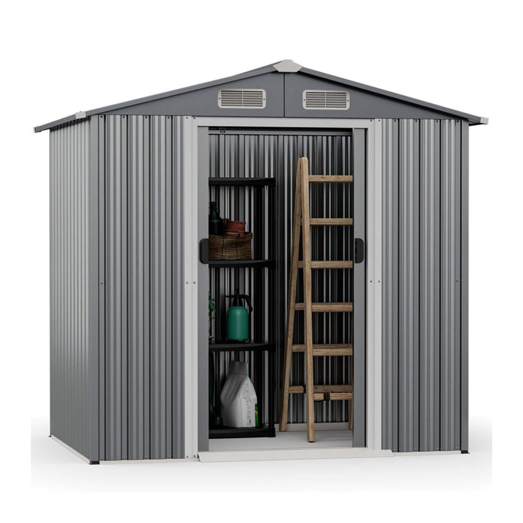 Premium Garden Galvanized Steel Storage Shed W/ Lockable Sliding Doors, 6x4' (SAK75842) - Saksby Wholesale - Front Right View