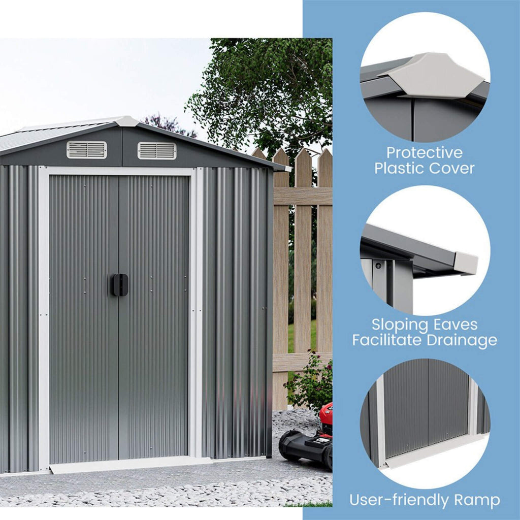 Premium Garden Galvanized Steel Storage Shed W/ Lockable Sliding Doors, 6x4' (SAK75842) - Saksby Wholesale - Features View
