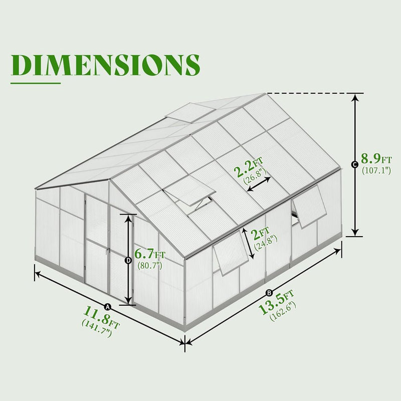 Premium Large Outdoor Double Door Aluminum Polycarbonate Greenhouse With Quick Connect Fitting, 12x13.5x9FT (96243175) - SAKSBY.com - Greenhouses - SAKSBY.com