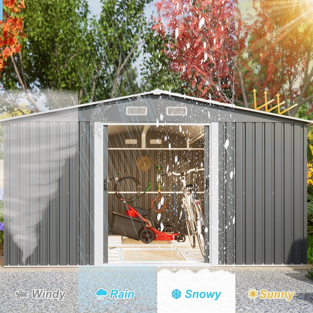 Premium Outdoor Galvanized Steel Backyard Storage Shed W/ Dual Lockable Sliding Doors, 11x13' (95382641) - Demonstration View