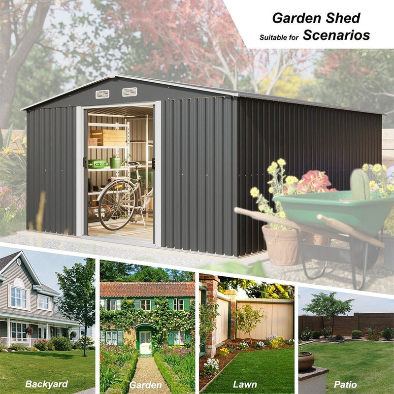 Premium Outdoor Galvanized Steel Backyard Storage Shed W/ Dual Lockable Sliding Doors, 11x13' (95382641) - Side View
