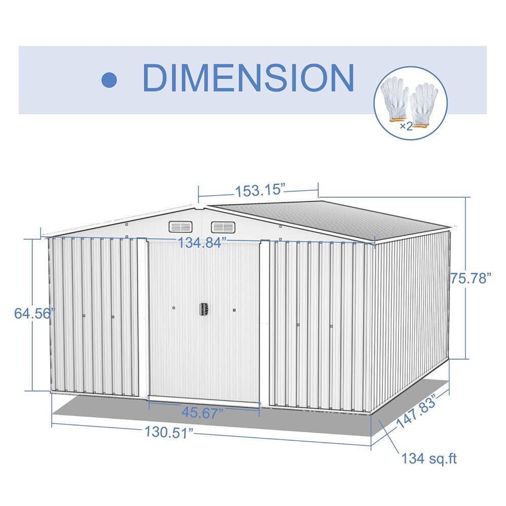 Premium Outdoor Galvanized Steel Backyard Storage Shed W/ Dual Lockable Sliding Doors, 11x13' (95382641) -Measurement View