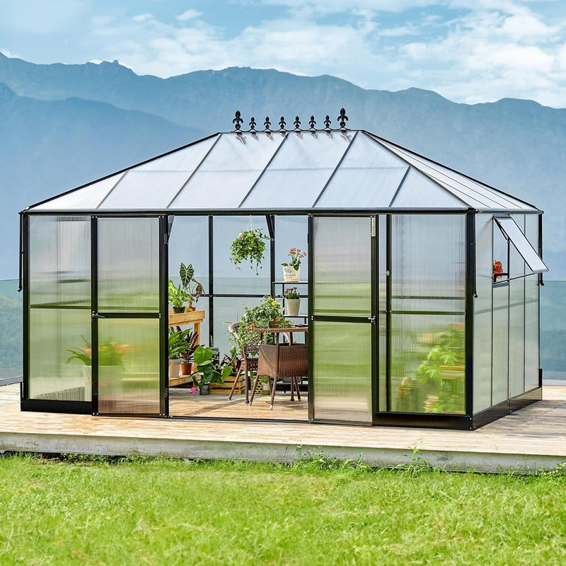 Premium Outdoor Polycarbonate Greenhouse With Aluminum Frame And Double Swing Doors, 14x10x9FT (93841752) - SAKSBY.com - Greenhouses - SAKSBY.com