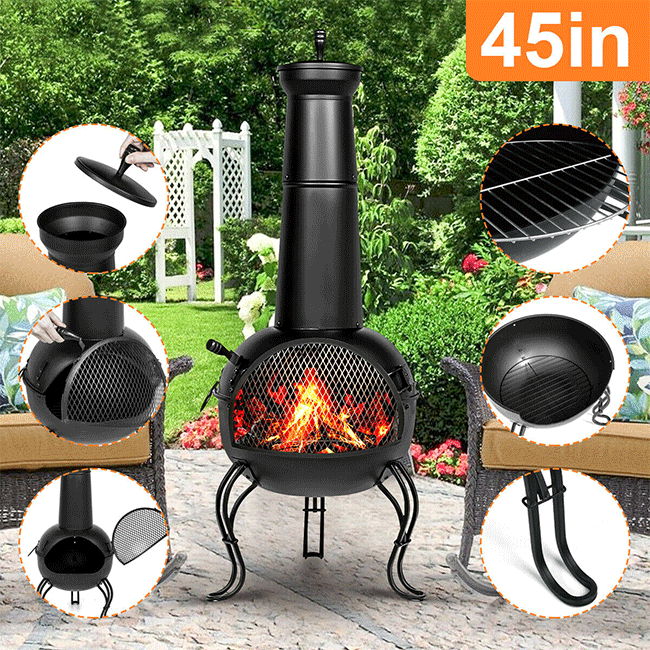 Premium Outdoor Wood Burning Cast Iron Chimenea Fireplace, 45'' - SAKSBY.com - Fire Pits - SAKSBY.com