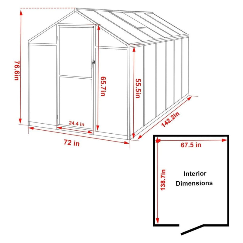 [06x12FT] Premium Polycarbonate Gray Walk-In Greenhouse Kit With Adjustable Vent And Lockable Door (SAK35264) - Saksby Wholesale - Dimension View 