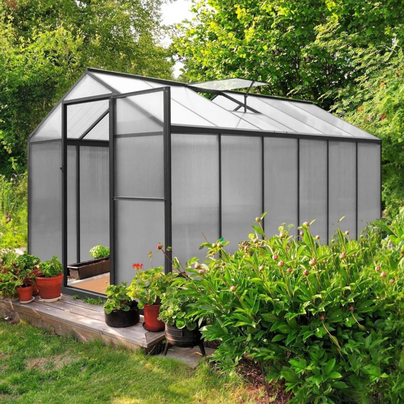 [06x12FT] Premium Polycarbonate Gray Walk-In Greenhouse Kit With Adjustable Vent And Lockable Door (SAK35264) - Saksby Wholesale - Front Left View 
