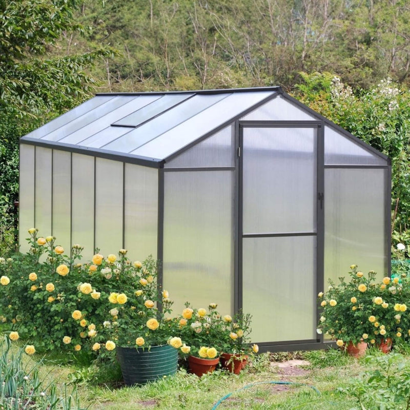 [06x12FT] Premium Polycarbonate Gray Walk-In Greenhouse Kit With Adjustable Vent And Lockable Door (SAK35264) - Saksby Wholesale - Front Right View 
