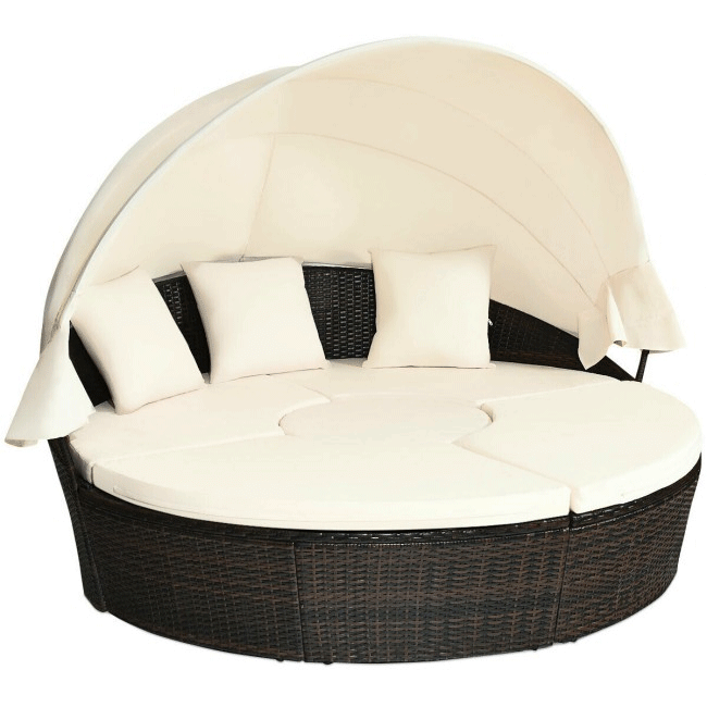 Premium Round Outdoor Patio Rattan Daybed W/ Canopy & Table, 76'' - SAKSBY.com - Outdoor Daybeds - SAKSBY.com