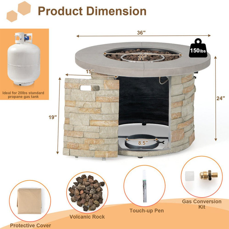 Premium Round Outdoor Propane Patio Gas Fire Pit Table W/ Lava Rock & Cover, 36" (98524173) - Demonstration View