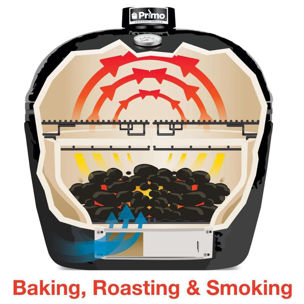 PRIMO All-In-One Oval Large 300 Ceramic Kamado Grill W/ Cradle, Side Shelves & Stainless Steel Grates -) Specifications View
